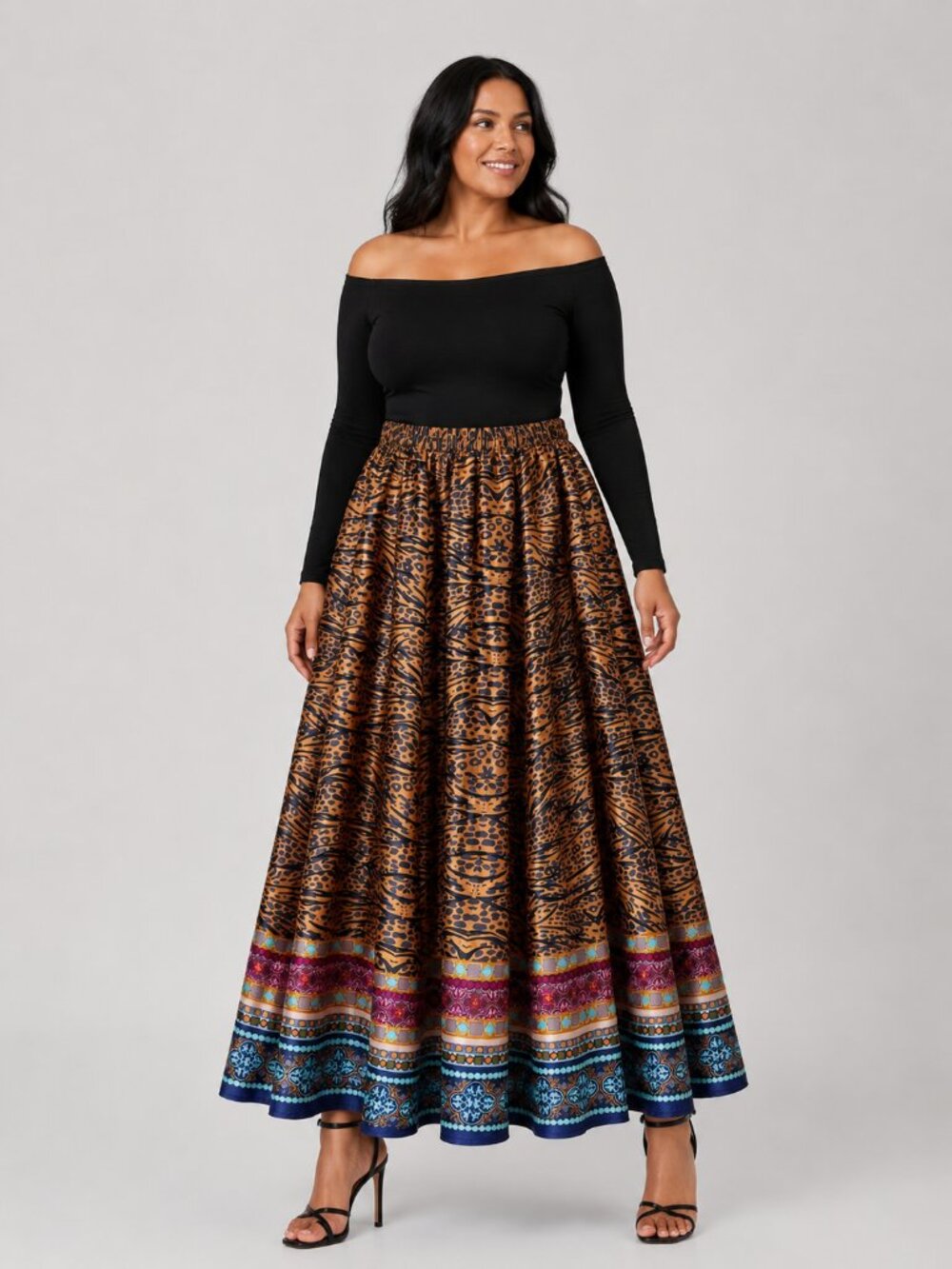 Ashley Stewart Animal Print Maxi Skirt Mixed Media Trim 2X NWT